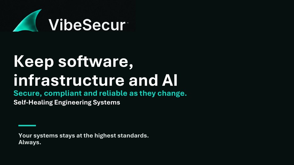 Pitch deck cover: Keep software, infrastructure and AI secure, compliant and reliable as they change.